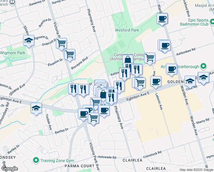 map of restaurants, bars, coffee shops, grocery stores, and more near 40 Craigton Drive in Toronto