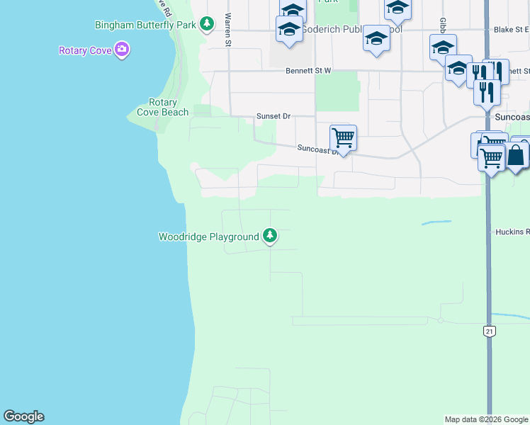 map of restaurants, bars, coffee shops, grocery stores, and more near 173 Shearwater Trail in Goderich