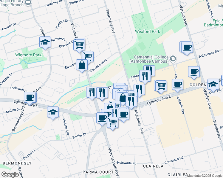 map of restaurants, bars, coffee shops, grocery stores, and more near 19 Craigton Drive in Toronto