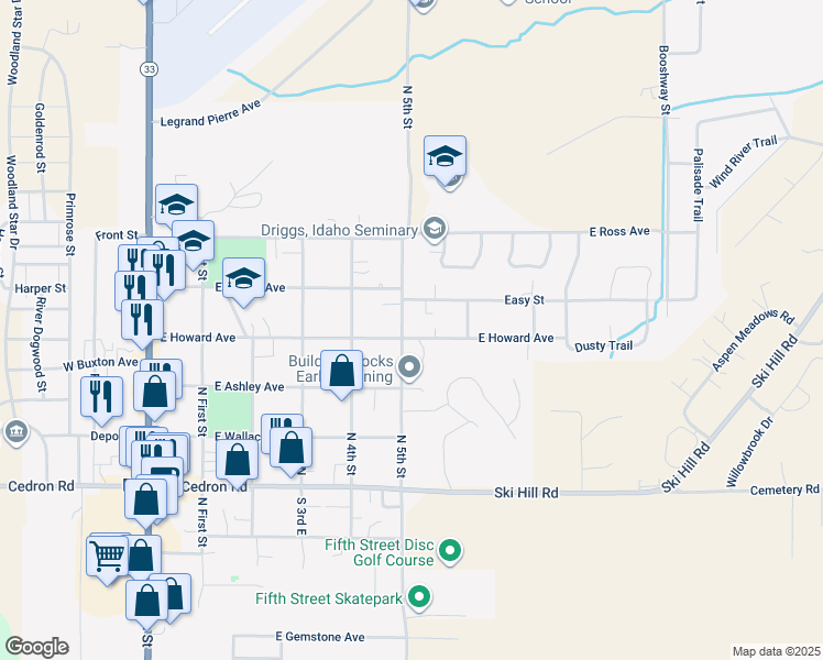 map of restaurants, bars, coffee shops, grocery stores, and more near 335 5th Street East in Driggs