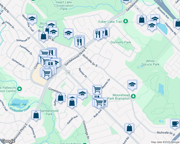 map of restaurants, bars, coffee shops, grocery stores, and more near 14 Sparklett Crescent in Brampton