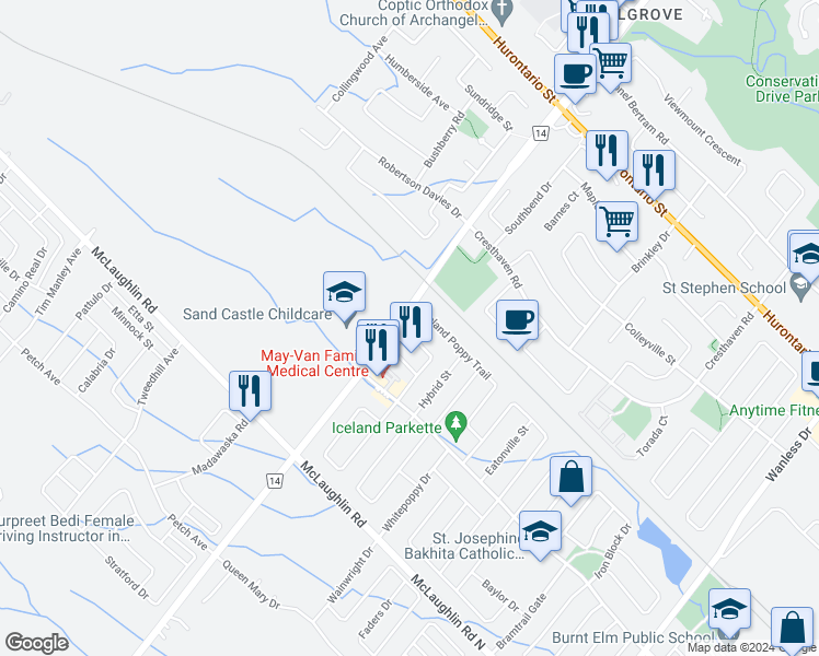 map of restaurants, bars, coffee shops, grocery stores, and more near 115 Iceland Poppy Trail in Brampton