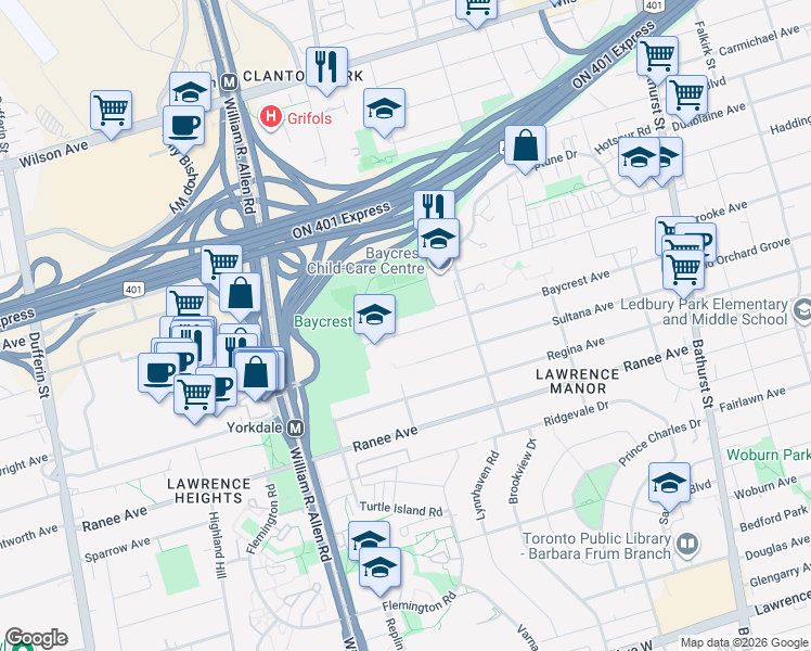 map of restaurants, bars, coffee shops, grocery stores, and more near in Toronto