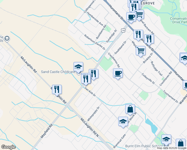 map of restaurants, bars, coffee shops, grocery stores, and more near 113 Iceland Poppy Trail in Brampton