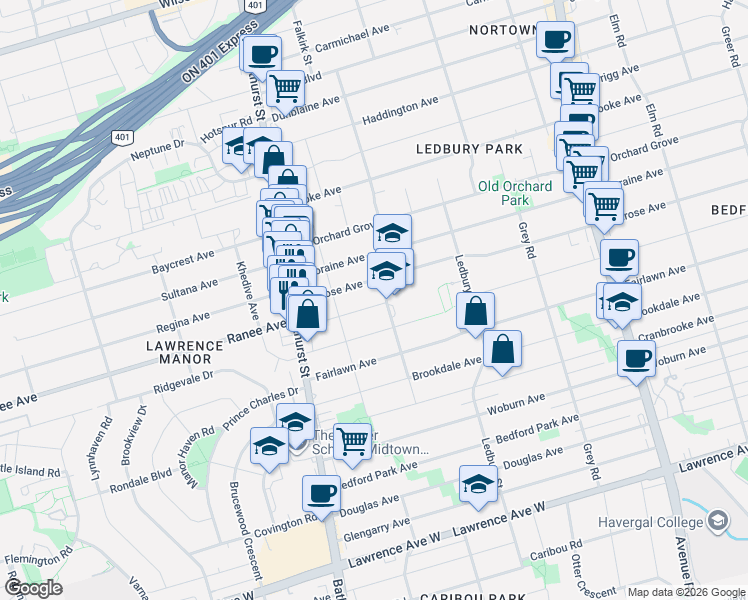 map of restaurants, bars, coffee shops, grocery stores, and more near 54 Marmion Avenue in Toronto