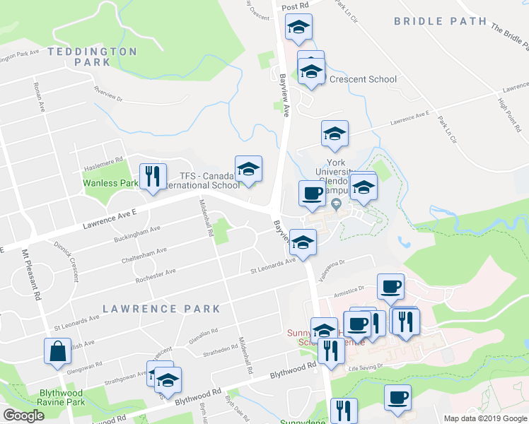 map of restaurants, bars, coffee shops, grocery stores, and more near 321 Lawrence Avenue East in Toronto