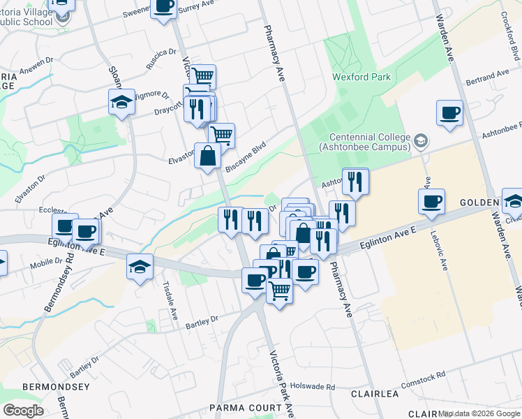 map of restaurants, bars, coffee shops, grocery stores, and more near 12 Craigton Drive in Toronto
