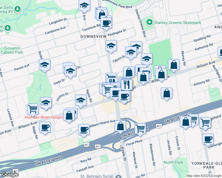 map of restaurants, bars, coffee shops, grocery stores, and more near 2772 Keele Street in Toronto