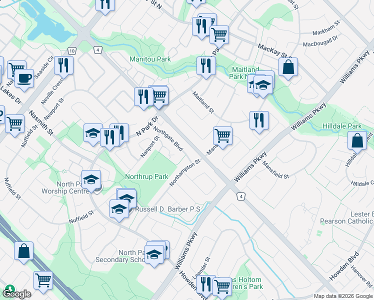 map of restaurants, bars, coffee shops, grocery stores, and more near 10 Northgate Boulevard in Brampton