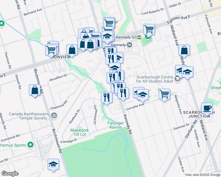 map of restaurants, bars, coffee shops, grocery stores, and more near 682 Kennedy Road in Toronto