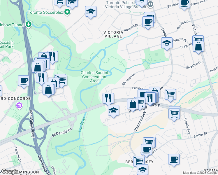 map of restaurants, bars, coffee shops, grocery stores, and more near in Toronto