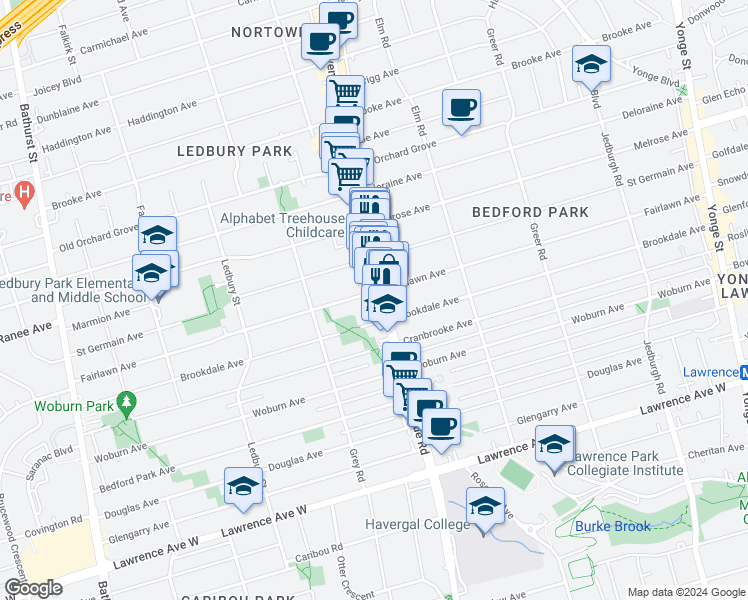 map of restaurants, bars, coffee shops, grocery stores, and more near in Toronto