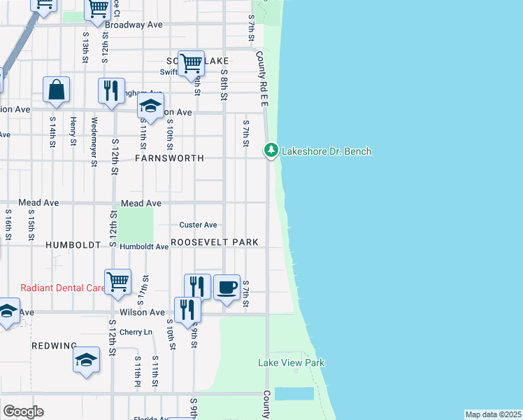 map of restaurants, bars, coffee shops, grocery stores, and more near 2425 South 7th Street in Sheboygan