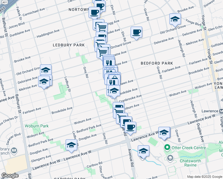 map of restaurants, bars, coffee shops, grocery stores, and more near 1700 Avenue Road in Toronto