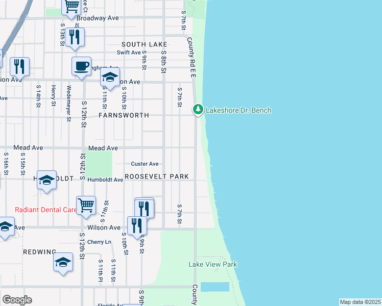 map of restaurants, bars, coffee shops, grocery stores, and more near 2425 South 7th Street in Sheboygan