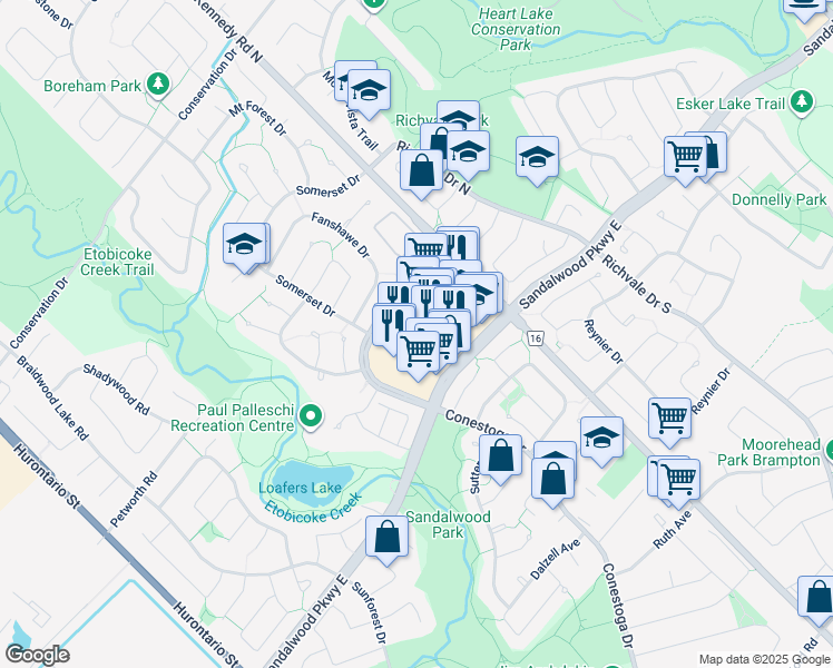 map of restaurants, bars, coffee shops, grocery stores, and more near 180 Sandalwood Parkway East in Brampton