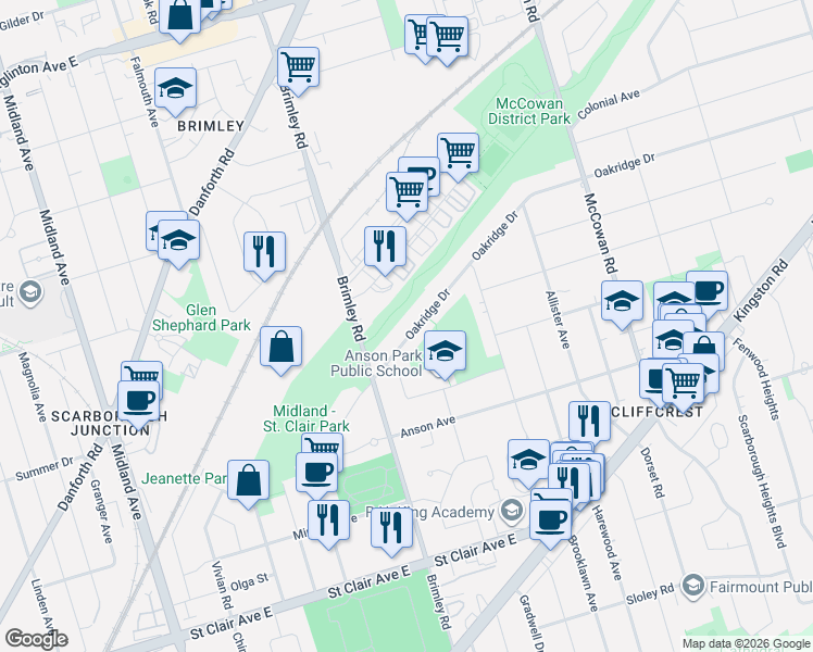 map of restaurants, bars, coffee shops, grocery stores, and more near 26 Oakridge Drive in Toronto