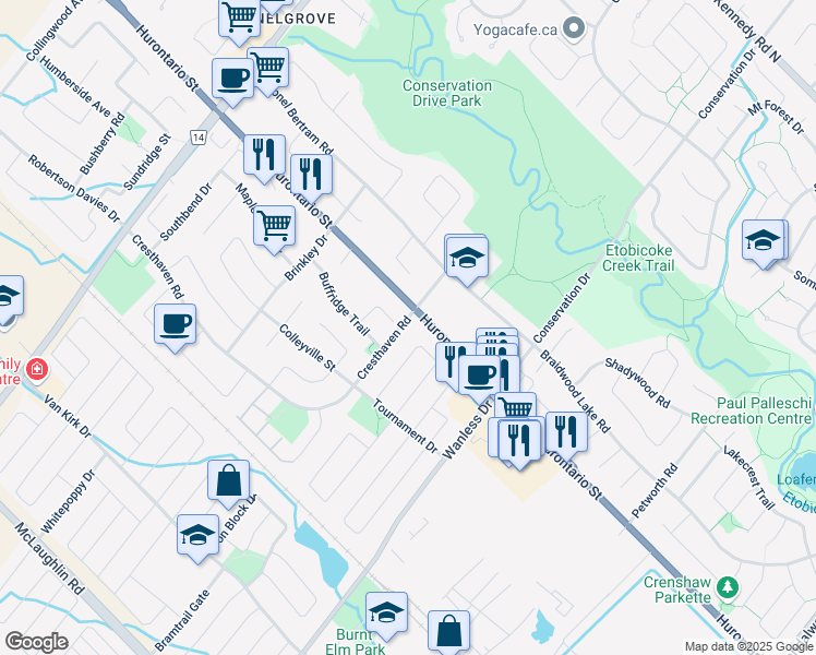 map of restaurants, bars, coffee shops, grocery stores, and more near 36 Faithknight Court in Brampton