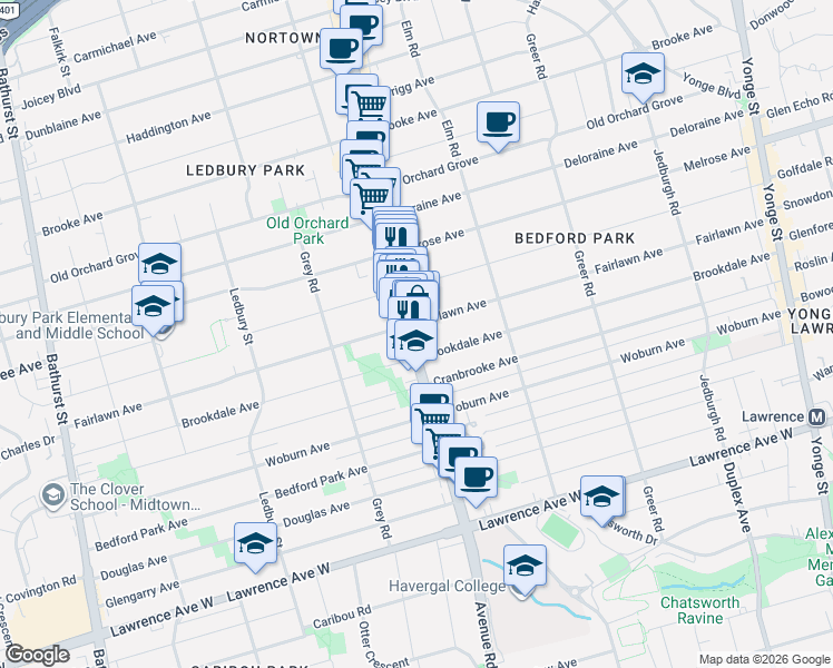 map of restaurants, bars, coffee shops, grocery stores, and more near 1695 Avenue Road in Toronto