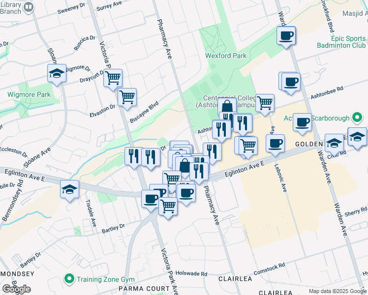 map of restaurants, bars, coffee shops, grocery stores, and more near 32 Craigton Drive in Toronto