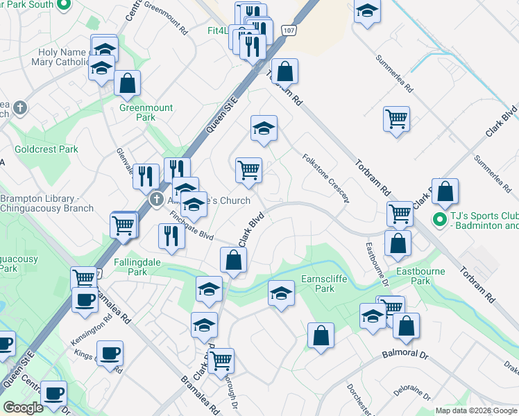 map of restaurants, bars, coffee shops, grocery stores, and more near 3 Folkstone Crescent in Brampton