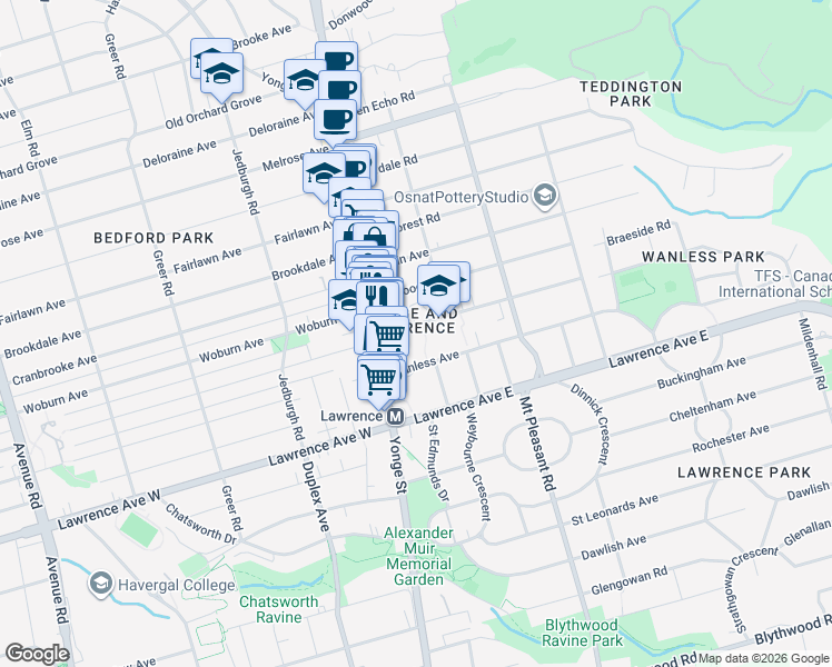 map of restaurants, bars, coffee shops, grocery stores, and more near in Toronto
