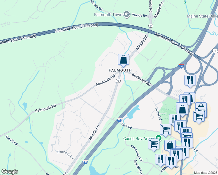 map of restaurants, bars, coffee shops, grocery stores, and more near 220 Middle Road in Falmouth