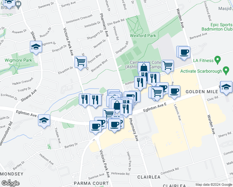 map of restaurants, bars, coffee shops, grocery stores, and more near in Toronto