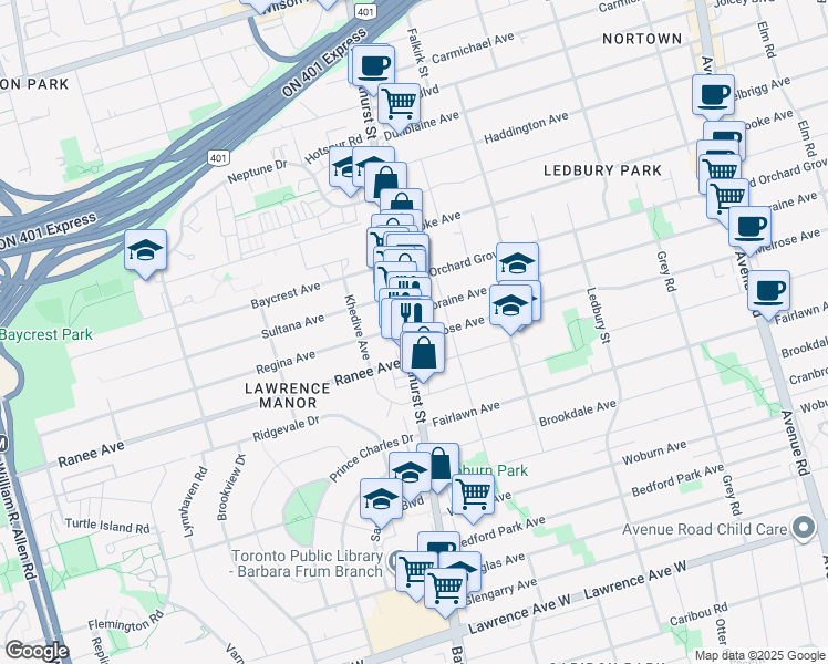 map of restaurants, bars, coffee shops, grocery stores, and more near in Toronto