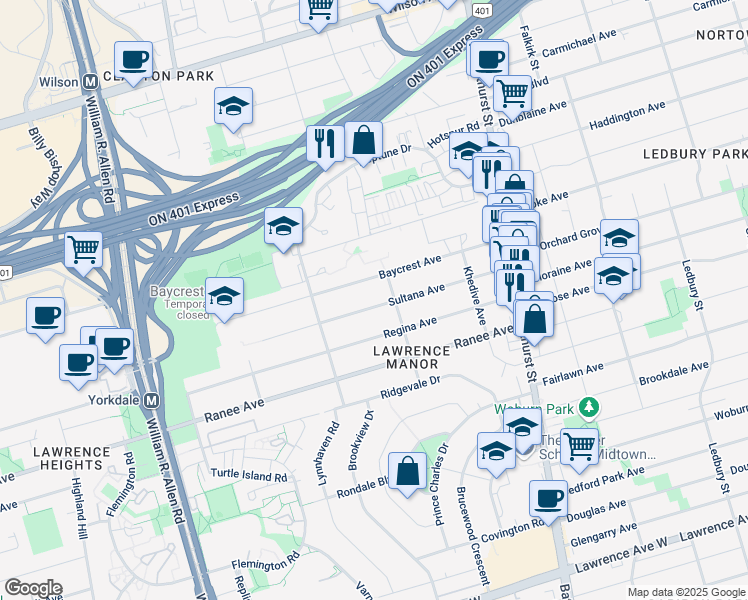 map of restaurants, bars, coffee shops, grocery stores, and more near 80 Sultana Avenue in Toronto