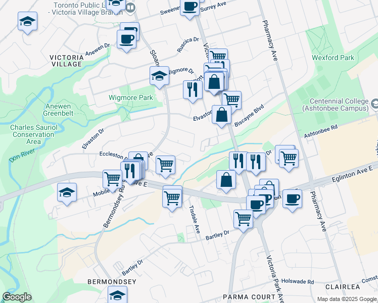 map of restaurants, bars, coffee shops, grocery stores, and more near 46 Hesketh Court in Toronto