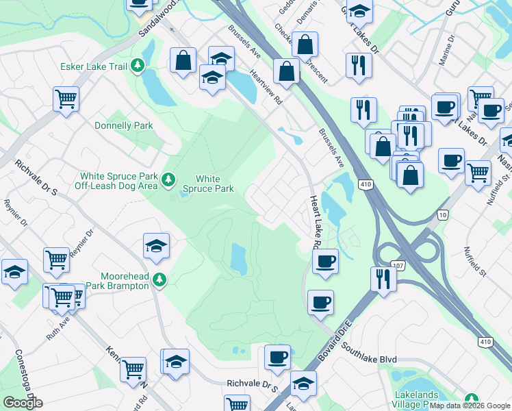 map of restaurants, bars, coffee shops, grocery stores, and more near 38 Miami Grove in Brampton