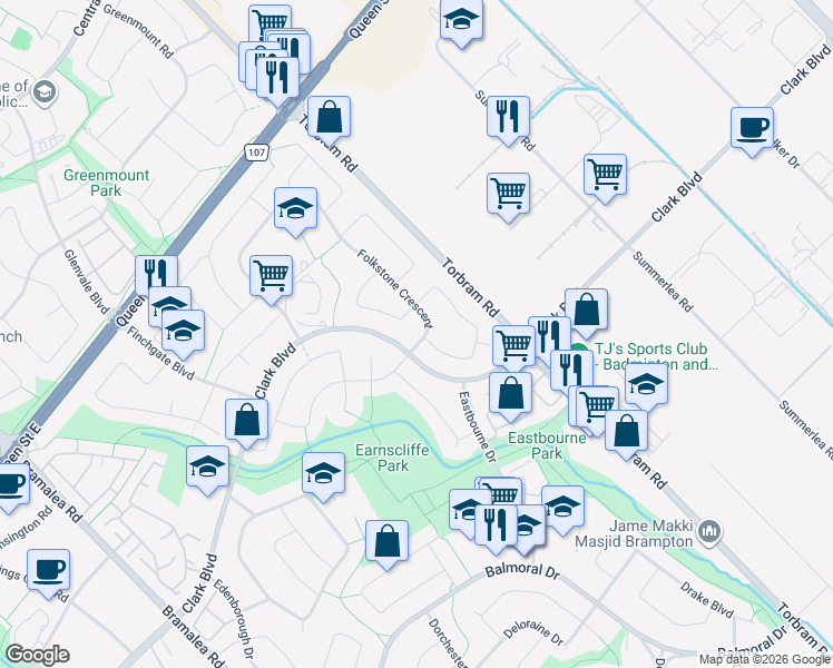 map of restaurants, bars, coffee shops, grocery stores, and more near 216 Folkstone Crescent in Brampton