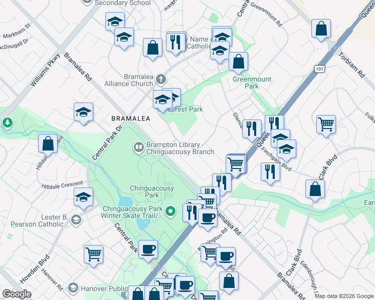 map of restaurants, bars, coffee shops, grocery stores, and more near 60 Goldcrest Road in Brampton