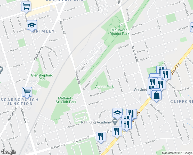 map of restaurants, bars, coffee shops, grocery stores, and more near 41 Oakridge Drive in Toronto