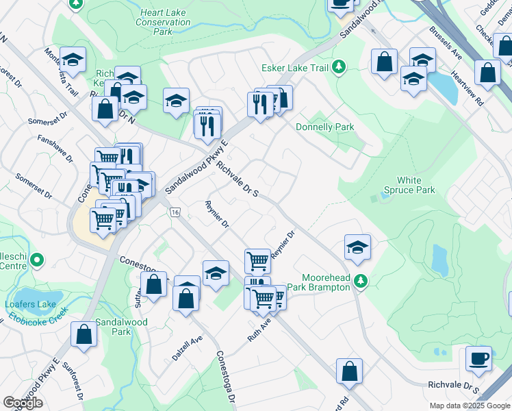 map of restaurants, bars, coffee shops, grocery stores, and more near 38 Sparklett Crescent in Brampton
