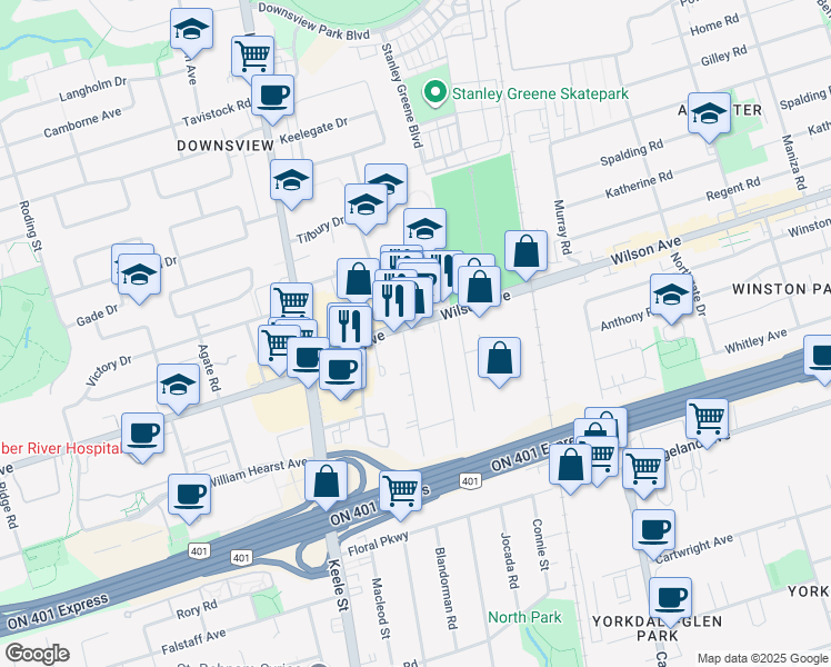 map of restaurants, bars, coffee shops, grocery stores, and more near in Toronto