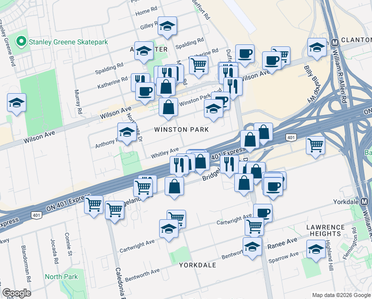 map of restaurants, bars, coffee shops, grocery stores, and more near 65 Whitley Avenue in Toronto