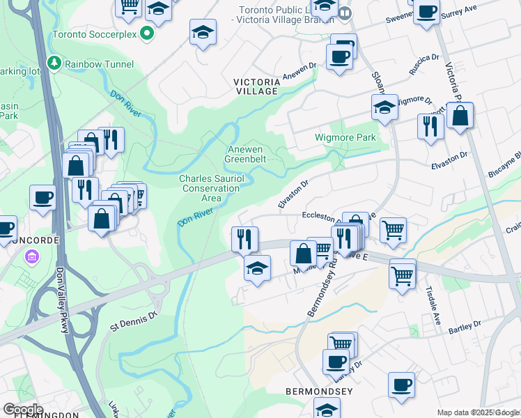 map of restaurants, bars, coffee shops, grocery stores, and more near 48 Eccleston Drive in Toronto