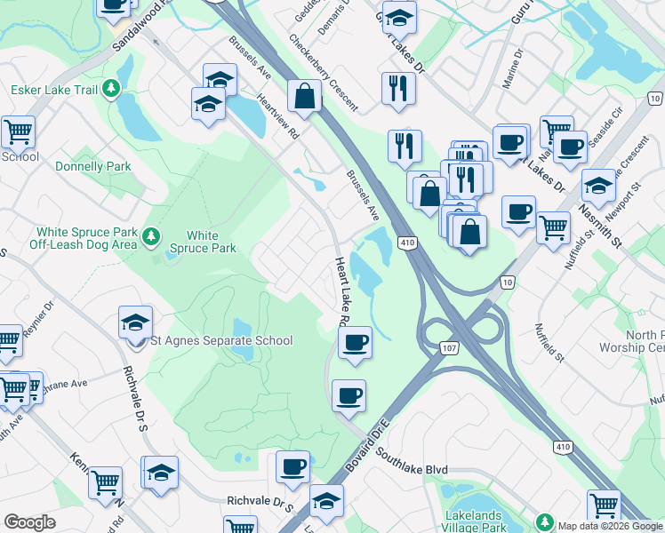 map of restaurants, bars, coffee shops, grocery stores, and more near 50 Magdalene Crescent in Brampton