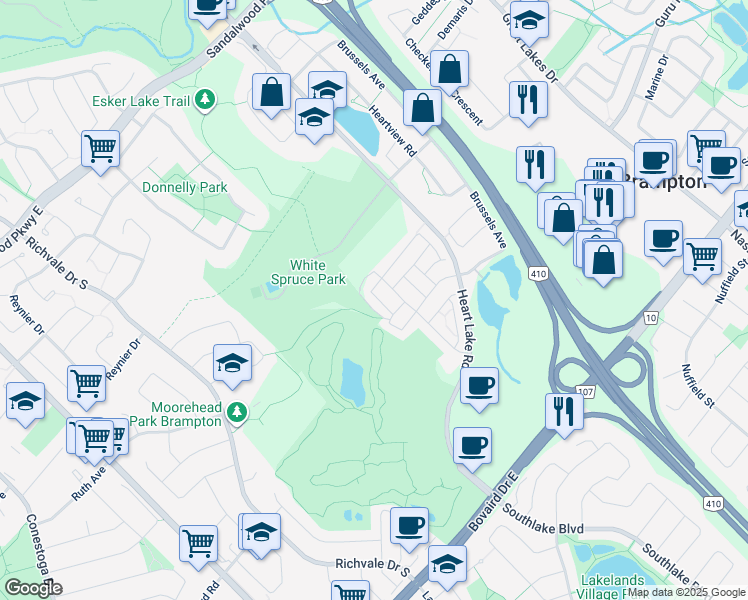 map of restaurants, bars, coffee shops, grocery stores, and more near 30 Miami Grove in Brampton