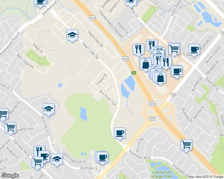 map of restaurants, bars, coffee shops, grocery stores, and more near 75 Magdalene Crescent in Brampton