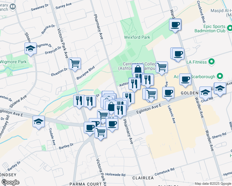map of restaurants, bars, coffee shops, grocery stores, and more near 860 Pharmacy Avenue in Toronto