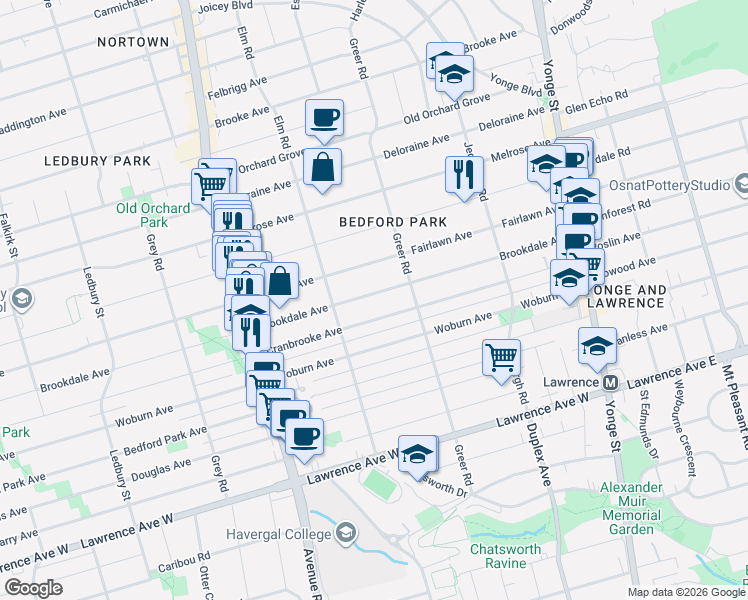 map of restaurants, bars, coffee shops, grocery stores, and more near 279 Brookdale Avenue in Toronto