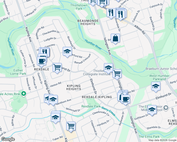 map of restaurants, bars, coffee shops, grocery stores, and more near in Toronto