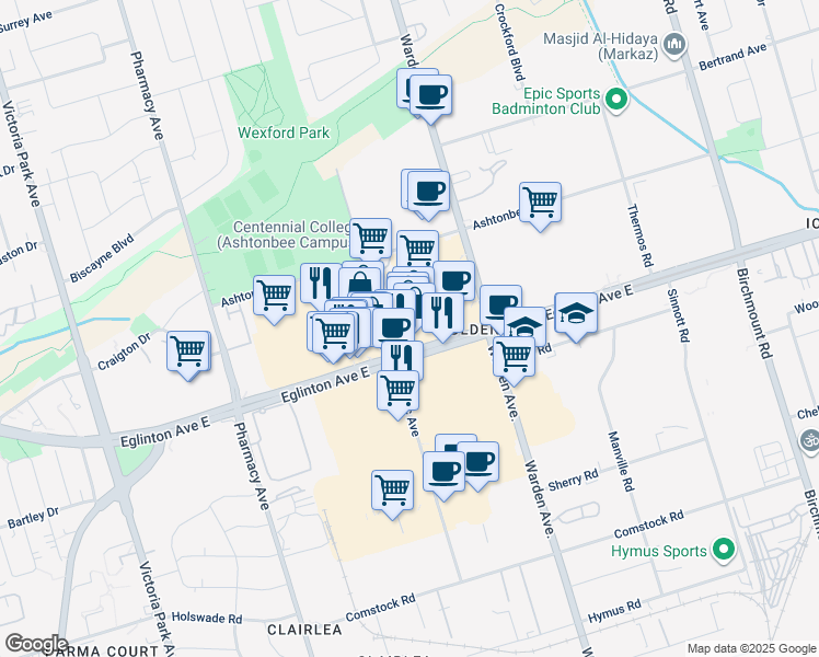 map of restaurants, bars, coffee shops, grocery stores, and more near 1920 Eglinton Avenue East in Toronto