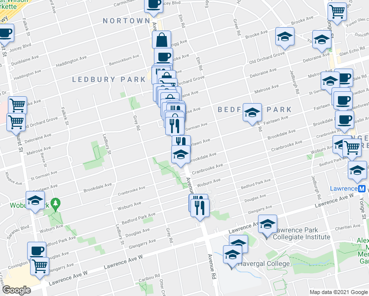 map of restaurants, bars, coffee shops, grocery stores, and more near 367 Fairlawn Avenue in Toronto