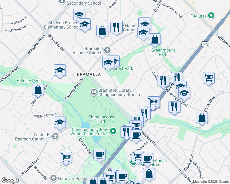 map of restaurants, bars, coffee shops, grocery stores, and more near 7 Goodwood Road in Brampton