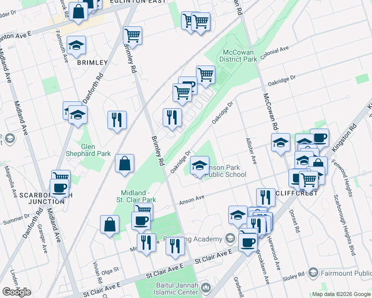 map of restaurants, bars, coffee shops, grocery stores, and more near 32 Oakridge Drive in Toronto