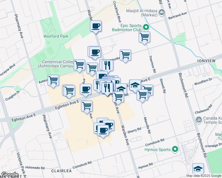 map of restaurants, bars, coffee shops, grocery stores, and more near 1956 Eglinton Avenue East in Toronto